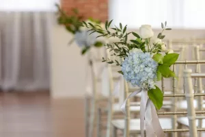 Professional Photographer Rows of gold chairs decorated with white roses, blue hydrangeas, greenery, and white ribbons are arranged for a wedding ceremony—an ideal scene for stunning wedding photography in a softly lit indoor venue. www.maranonimagery.com