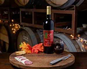Professional Photographer A bottle of red wine and a glass, both labeled “Castle Glen Winery,” sit on a wooden tray with salami, cheese, crackers, and autumn leaves—a scene perfectly captured by a skilled photographer. Wine barrels and string lights glow softly in the background. www.maranonimagery.com