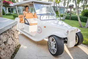 Professional Photographer A smiling bride in a white dress sits in a white, vintage-style golf cart labeled Wedding Chariot, parked on a stone pathway surrounded by greenery and palm trees—the perfect setting for unique wedding portraits. www.maranonimagery.com