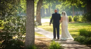 Professional Photographer A bride in a white gown and veil walks arm in arm with a man in a suit down a sunlit garden path, surrounded by trees and greenery. Their backs to the camera create a peaceful, intimate Wedding Photography scene. www.maranonimagery.com