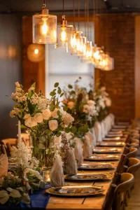 Professional Photographer A long wooden table set for a formal dinner, decorated with white flowers in vases, neatly folded napkins, and elegant plates—perfect for wedding photography—while warm hanging pendant lights illuminate the scene. www.maranonimagery.com