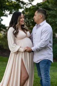 Professional Photographer A pregnant woman in a flowing cream dress holds hands with a man in a light shirt and jeans. They stand outside on grass, looking at each other with smiles, surrounded by greenery—captured perfectly by their photographer. www.maranonimagery.com