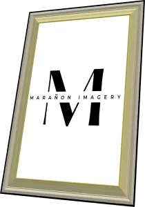 Professional Photographer A framed print displaying a large black letter M with the words MARAÑON IMAGERY in smaller black text across the middle—perfect for showcasing headshots, portraits, or wedding photography—on a crisp white background. www.maranonimagery.com