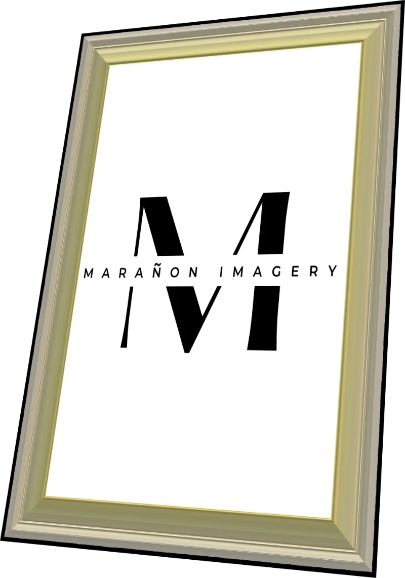 Professional Photographer A framed print displaying a large black letter M with the words MARAÑON IMAGERY in smaller black text across the middle—perfect for showcasing headshots, portraits, or wedding photography—on a crisp white background. www.maranonimagery.com
