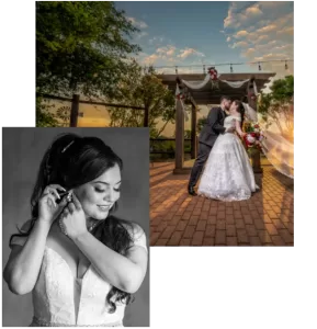 Professional Photographer A bride in a white gown smiles while putting on earrings (black and white); above her, a Wedding Photography moment captures a bride and groom kissing under a decorated pergola at sunset, her veil flowing in the breeze. www.maranonimagery.com