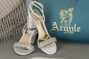 Professional Photographer A pair of elegant, open-toed high-heeled sandals with rhinestone embellishments sits on a cushion embroidered with a golden dragon and the words THE Argyle—an exquisite detail perfect for wedding photography. www.maranonimagery.com