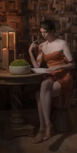 Professional Photographer A woman in an orange dress sits at a round wooden table, reading by candlelight. The scene, reminiscent of artistic wedding photography, is intimate and rustic, with a moss bowl and wine glass completing the cozy atmosphere. www.maranonimagery.com