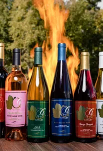 Professional Photographer Six bottles of Castle Glen wine are lined up on a wooden surface outdoors, with a large fire burning in the background—perfect for celebrating after wedding photography sessions or enjoying tranquil moments among the trees. www.maranonimagery.com