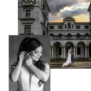 Professional Photographer A bride adjusts her earring in a black-and-white photo, captured by a talented wedding photographer, overlaid on images of a grand historic building and a couple posing on its stone steps under a dramatic sky. www.maranonimagery.com