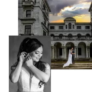 Professional Photographer A collage highlights wedding photography: a smiling bride adjusts her earring in a black-and-white portrait, a couple poses in wedding attire on mansion steps, and a grand historic building stands under a dramatic evening sky. www.maranonimagery.com
