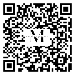 Professional Photographer A black-and-white QR code with the Maranon Imagery logo, featuring a stylized M and the text MARANON IMAGERY at the center. Perfect for Headshots and Portraits, it’s surrounded by standard square markers. www.maranonimagery.com