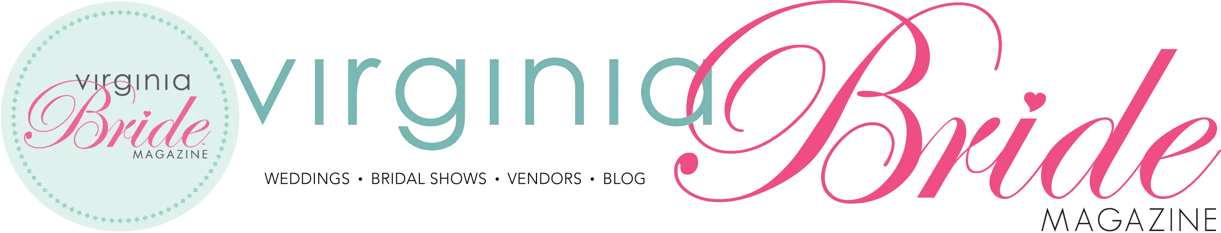 Banner Logo - Marañon Imagery Professional Photographer Logo for Virginia Bride Magazine. The text virginia Bride MAGAZINE appears in a pink and black script and modern font, with Bride in large cursive letters, a dotted circle on the left, perfect for wedding photography inspiration. www.maranonimagery.com