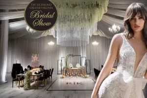 Professional Photographer A luxurious wedding venue with elegant decor, chandeliers, floral arrangements, and a white dance floor; a woman in a white bridal gown stands in the foreground. A Wedding Photography logo from the Richmond Greater Virginia Bridal Show appears at the top left. www.maranonimagery.com
