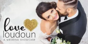 Professional Photographer A bride in a white dress and groom in a black tuxedo embrace and smile up at the camera, capturing perfect wedding photography. The text reads Love Loudoun: A Wedding Showcase with a gold glitter heart beside the word love. www.maranonimagery.com