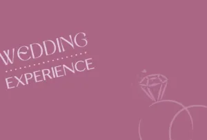Professional Photographer Pink background with the words Wedding Experience in white text on the left. On the lower right, a light pink outline of two wedding rings, one with a diamond, highlights this photographer’s touch for capturing stunning portraits and headshots. www.maranonimagery.com